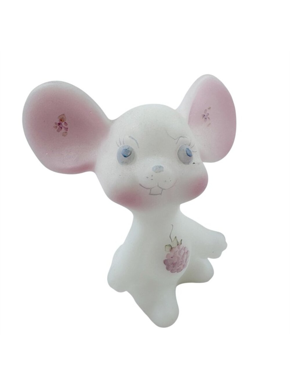 Fenton Mouse Pink White Satin Glass Berries Blossoms Hand Painted Vintage 1980s